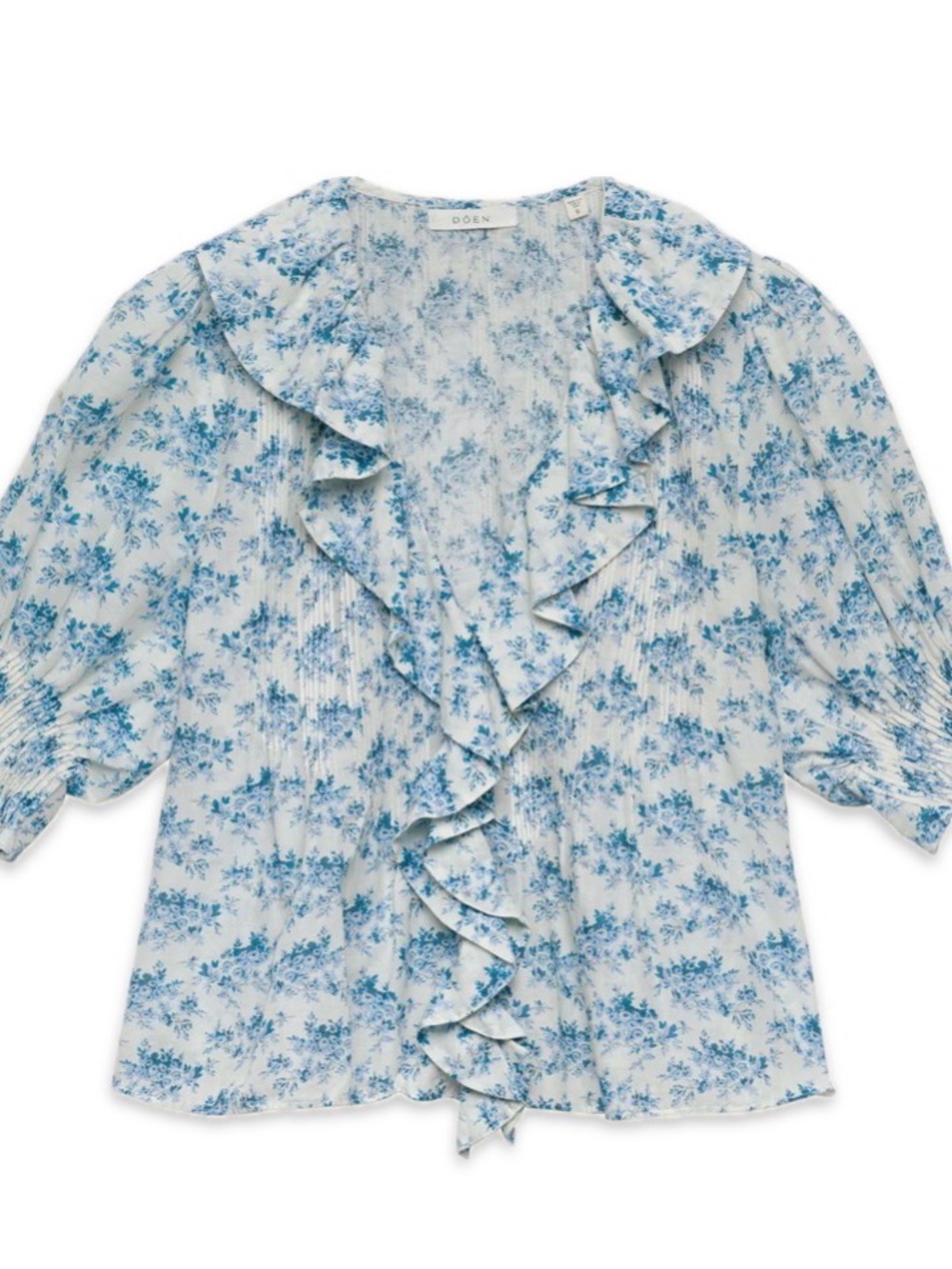 Doen Henri Top - Blue and White Floral Ruffle Blouse